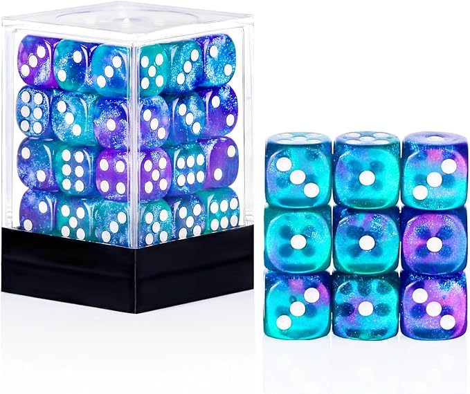 36 of Pack 12MM 6 Sided MINI Dice Set,Two Colours Glitter D6 Game Dice Set, 6 Sided Standard Dices for Yahtzee, Bunco or Teaching Math,with Portable Plastic Box(Green Purple)