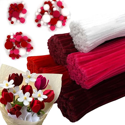 600pcs Red Pipe Cleaners Bulk and 300pcs Pompoms - Fluffy Fuzzy Wire, Pastel Pom Poms Chenille Stems for Arts & Crafts, Ideal for Making Flowers Animal Thanksgiving Christmas Party Supplies