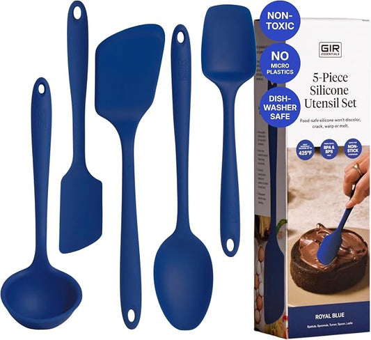 GIR 5-Piece Silicone Kitchen Utensils Set, Non-Toxic Cooking Utensils for Cooking and Baking, Heat Resistant, Food Grade, Dishwasher Safe Rubber Spatula, Ladle, Spoon - Royal Blue