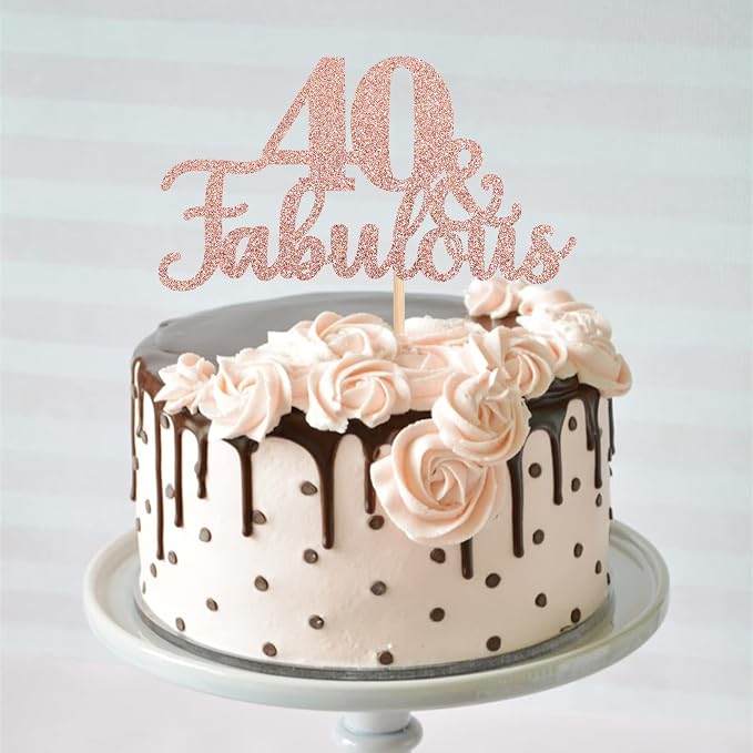 1 PCS 40 & Fabulous Cake Topper Glitter Forty and Fabulous Cake Toppers Happy 40th Birthday Cake Pick for 40th Wedding Anniversary Birthday Party Cake Decorations Supplies Rose Gold