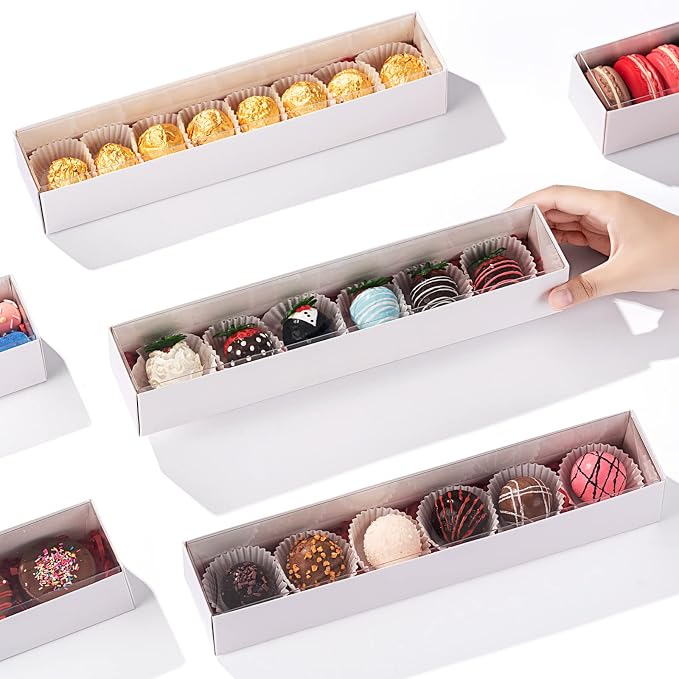 20Pack 12x2.25x2 Inches Chocolate Covered Strawberries Boxes for 6, Macaron boxes for 12, Long Box for Cocoa Bombs,Cookies,Truffle,Cake Ball