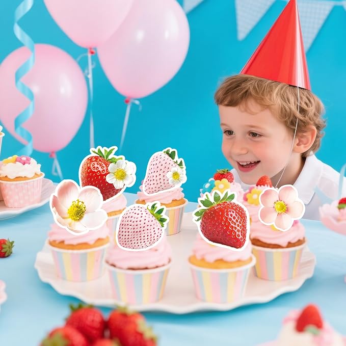 72Pcs Edible Strawberry Cupcake Toppers Wafer Paper Strawberry Flower Bridal Engagement Baby Shower Kids First Birthday Party Cake Decorations Supplies