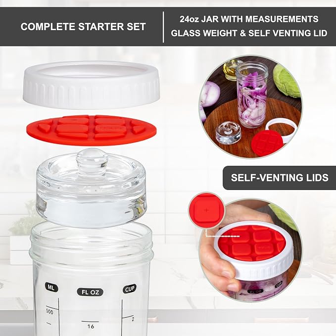 Fermentation Kit with Mason Jar – Fermentation Lids & Glass Weight, Burping Lids for Mason Jars, Easy Vegetable Fermenting Jar Starter Set for Pickles & Sauerkraut