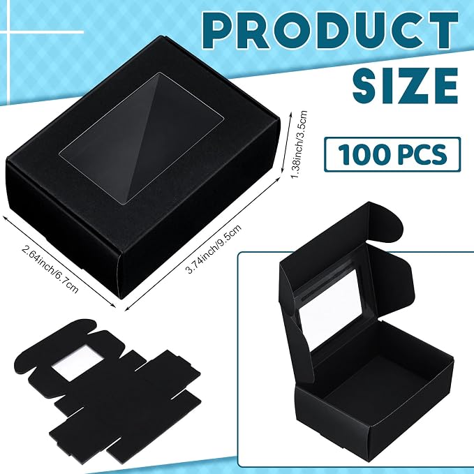 Zonon 100 Pcs Soap Boxes for Homemade Packaging, Mini Kraft Boxes with Window for Bakery Candy Soap Making Gift Packaging, 3.7x2.6x1.4 Inch (Black)