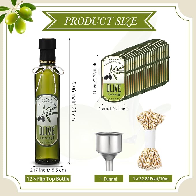 Reallnaive 12 Sets 8 oz Glass Olive Oil Bottles Empty Sauce Condiment Bottles with Tags and Twine and Funnel for Storing Homemade Olive Oil Christmas Wedding Baby Shower Gifts(Dark Green)
