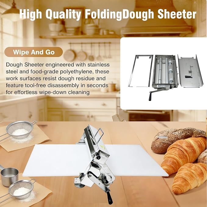 40.9” x 15.5” Manual Folding Dough Sheeter Machine, Portable Stainless Steel Dough Roller with Adjustable Thickness for Pizza, Pastry, Cookie Dough