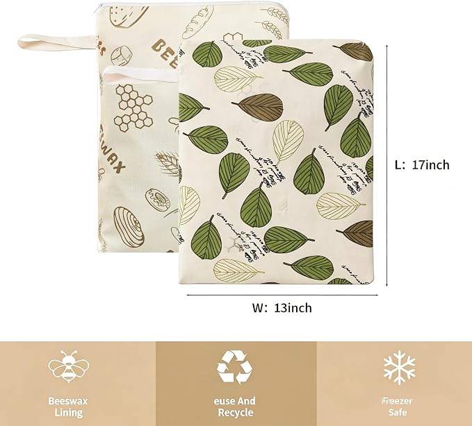 Beeswax Bread Bags for Homemade Bread&Sourdough,Reusable Bread Bags | Natural Cotton Linen Food Storage Bag to Keep Fresh,Washable Bags,L-shaped Zipper,Freezer Safe, Extra Large17"×13" 2Pack