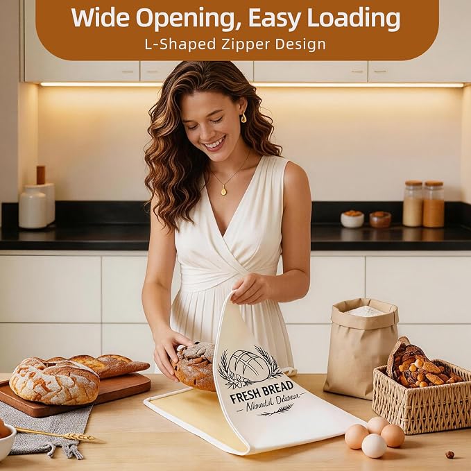 Beeswax Linen Bread Bags with L-Shaped Wide Zipper, 2 Pack XL | Reusable bread bags. Preserve freshness and texture of sourdough and artisan loaves. Ideal for daily homemade bread storage.