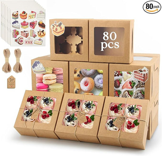 OAMCEG 80 Pack Cupcake Boxes with Window, 6x6x3 Inches Cookie Boxes, Bakery Treat Boxes for Pastry, Desserts, Chocolate Strawberries, Cupcake Containers, Gift Giving with Stickers & Twine （Brown）
