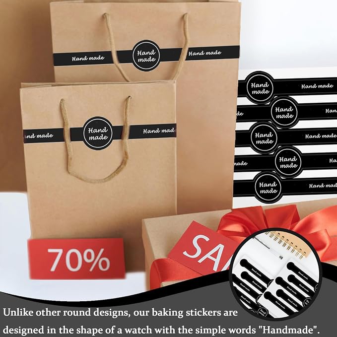 250pcs Handmade Food Baking Seal Stickers, Black Self Adhesive Bakery Stickers, 7.1in Long Strip Tamper-Proof Packaging Sealing Labels for Lollipop Cake Cookie Bread