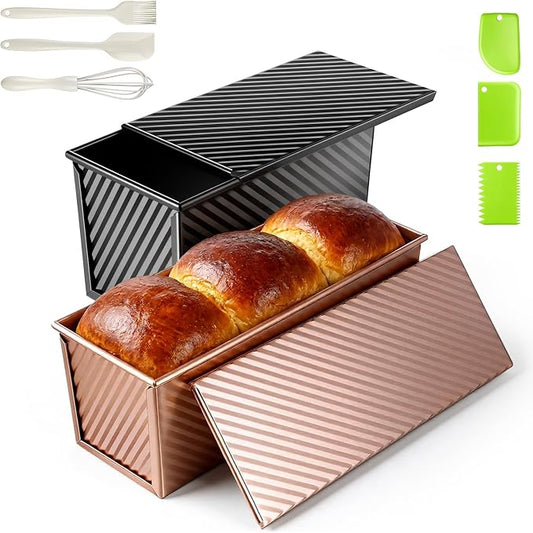 2 Pack Pullman Loaf Pan with Lid and a Silicone Spatula and Basting Pastry Brush, 2.2 LB & 1 LB Dough Capacity, Non-Stick Carbon Steel Bread Pans, Corrugated Toast Mold for Bakeware Toast Oven Baking