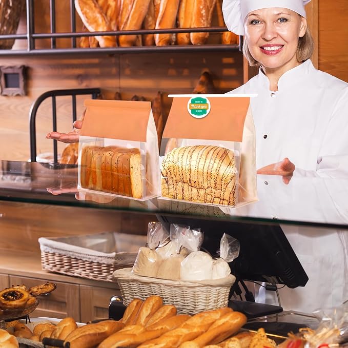 50 Pack Bakery Bags with Window - Large Reusable Cookie Bags With Seal Can Stand Upright Cookie Packaging Bag With Tin Tie Tab Lock Kraft Paper Bread Bags For Pastry,Donuts,Snacks（Orange Large)
