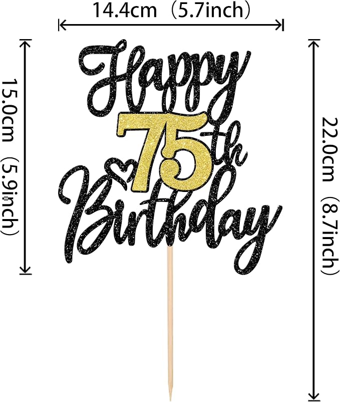 1 PCS Happy 75th Birthday Cake Topper Black Gold Glitter Cheers to 75 Years Birthday Cake Pick 75 Fabulous Cake Decoration for Happy 75th Birthday Anniversary Party Decorations Supplies