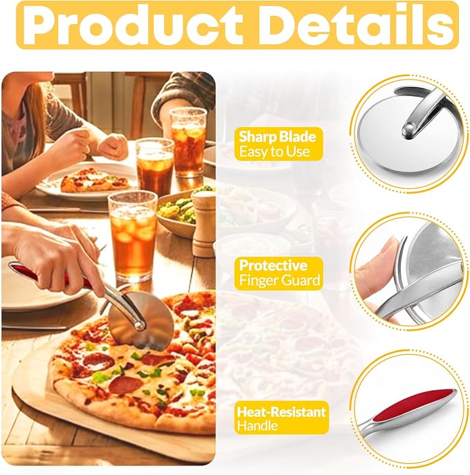 Pizza Cutter Wheel, Sharp Stainless Steel Pizza Slicer with Finger Guard, Non-Slip Comfortable Handle, Multi-Purpose Kitchen Cutter for Pizza, Pie, Dough and Pastry, Easy to Clean,Red