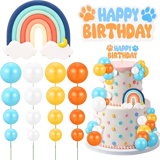 30 Pcs Blue Rainbow Cake Toppers with Blue Orange Ball Happy Birthday Cake Toppers for Birthday Wedding Party Supplies