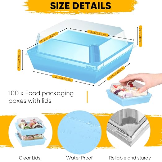 100 Pack Charcuterie Boxes with Clear Lids Valentine Gift 5 Inch Cookie Boxes Disposable Cake Case Paper Square Cookie Containers Dessert for Sandwich Slice Cake Hot Cocoa Bombs Strawberries(Blue)