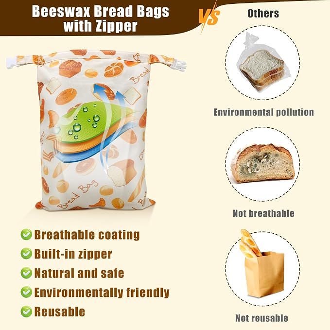 2 Pack Beeswax Bread Bags for Homemade Bread, Sourdough, Reusable Bread Bag XL Eco-Friendly Fresh Food Storage with Buckle & Zipper, Moisture Lock, Keeps Bakes Fresh Longer