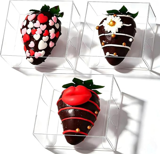100 Pcs 2.5" X2.2" X2" Clear Small Bakery Treat Boxes Single Chocolate Covered Strawberries Box Macaron Gift Boxes Mini Cinnamon Roll Boxes for 2 for Birthday Wedding Christmas, Valentine's