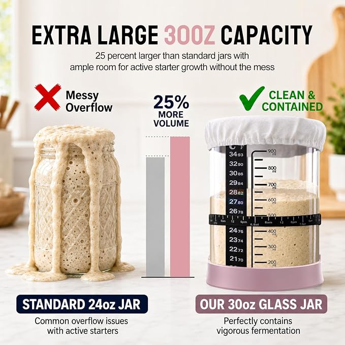 Sourdough Starter Kit, 9" Proofing Basket with 30oz Jar & Pink Silicone Lid | 9" Wood Pulp Banneton Bread Basket Reduces Sticking, 30oz Glass Jar with Lid Keeps Fresh, For Home Baking, Beginners & Pros