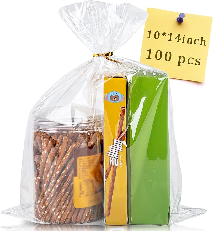 CUDICY 100pcs Cellophane Bags 10x14 Cellophane Wrap Goodie Bags Large Clear Gift Bag Party Favors Bag Clear Treat Bag with Ties Plastic Gift Wraps Packaging Wraps for Cookie Candy (No Gusset)