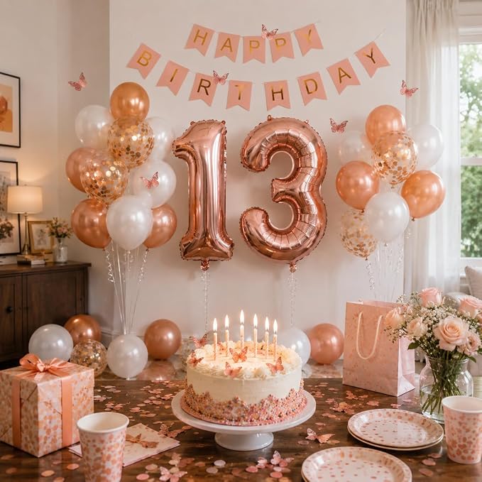 13th Birthday Decorations For Girls -Rose Gold Pearl White Balloons, 32 Inch Rose Gold "13" Balloon, 3D Butterflies Stickers, Happy Birthday Banner For Teen Girl 13th BD Decorations