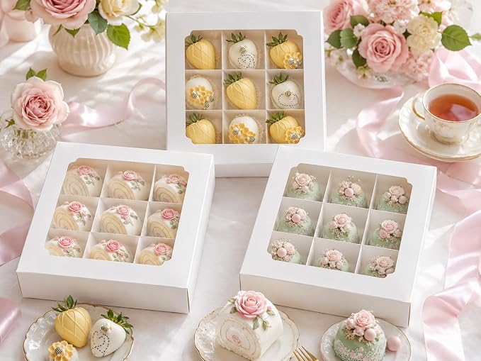 Zealax 9 Inch Bakery Boxes with Window and Dividers Cookie Packaging Treat Boxes for Mini Cupcakes, Chocolate Covered Strawberries, Brownies, and Small Treats for Gift Giving∣Pack of 6, 9x9x2.75 inch