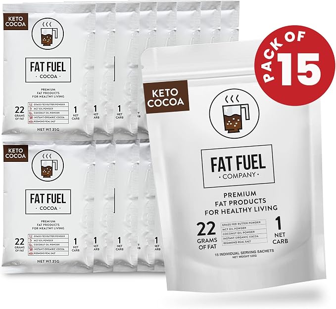 Fat Fuel Instant Keto Cocoa – a Complete Keto-Friendly Meal Replacement with MCT Oil, Coconut Oil, and Grass Fed Butter – Low Carb Hot Chocolate, Organic (15 Packets)