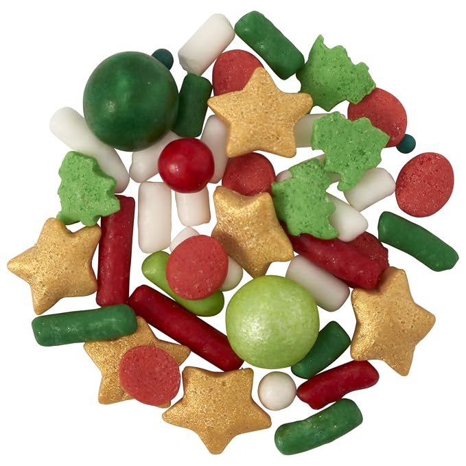 DECOPAC North Pole Fusion Mix Candy Sprinkles, 26oz, Fancy Christmas Gold Stars, Green Trees, Red Berries, Edible Festive Sprinkles For Celebration Cakes, Cupcakes, Cookies & Donuts (28308)