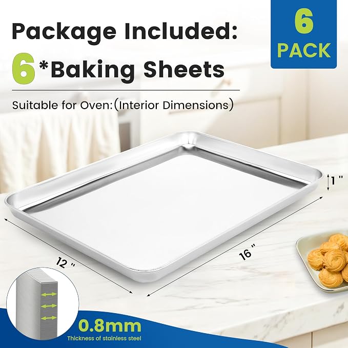 BIEAMA 6 Pack Stainless Steel Toaster Oven Baking Sheets, 16 x 12 in | Stainless steel pans with no chemical coating, mirror-polished finish and rolled edges; dishwasher safe, oven safe to 500°F.