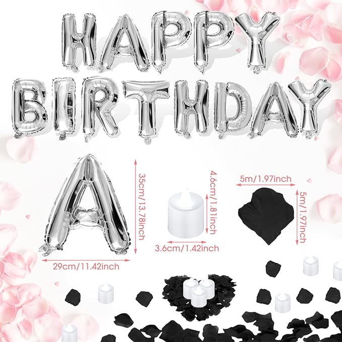 Black and Silver Happy Birthday Balloons Decorations Happy Birthday Letter Balloons Banner with 24pcs Flameless LED Candles and 2000pcs Artificial Rose Petals for Women Men Room Party Decor
