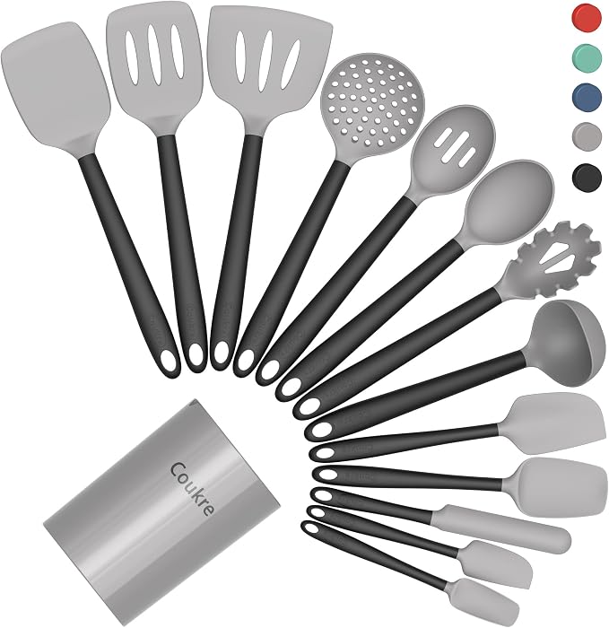 Coukre Silicone Kitchen Cooking Utensils Set with Holder – Heat-Resistant, Food-Grade Kitchen Tools, Spatula, Spoon & Gadgets for Non-Stick Pans, Dishwasher Safe (14, Gray)