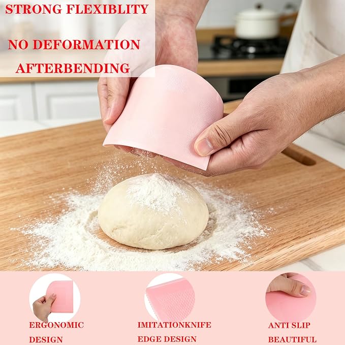 24 Pcs Bench Scraper Dough Scraper for Baking, Food-Safe PE Flexible Bowl Scraper, BPA Free Plastic Dough Cutter Tool for Bread Cake Fondant Icing,（ Light Blue Green Yellow Pink）