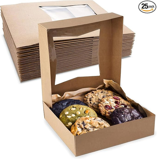 MT Products Kraft Cookie Boxes 8" x 8" x 2.5" - Auto Pop-Up Bakery Boxes with Window (Pack of 25) - Made in the USA