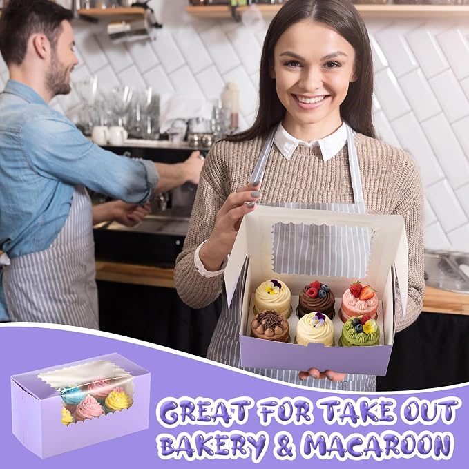 Ireer 60 Pcs 8x4x4 Inch Purple Bakery Boxes with Window Cookies Boxes Pumpkin Roll Container Donut Box Pastry Cake Packaging Safe for Cookies Loaf Muffins Breads Dessert Candies Treat