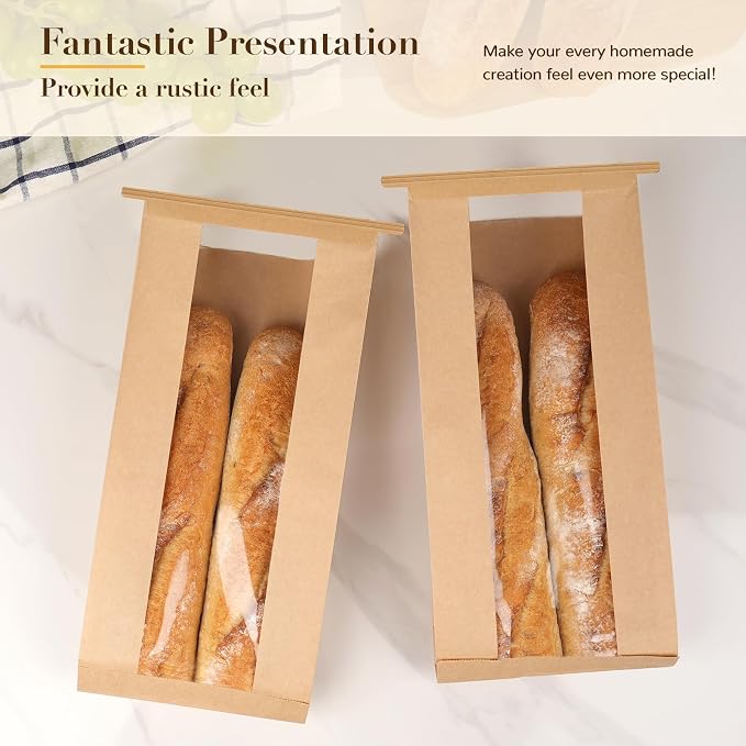 100 Pack Long Paper Bread Bags with Tabs for Homemade Sourdough, Resealable Bakery Bags with Window for Oval Sourdough Bread, Loaves, Pastries, Baguettes (6.3x2.7×13.7 Inches)