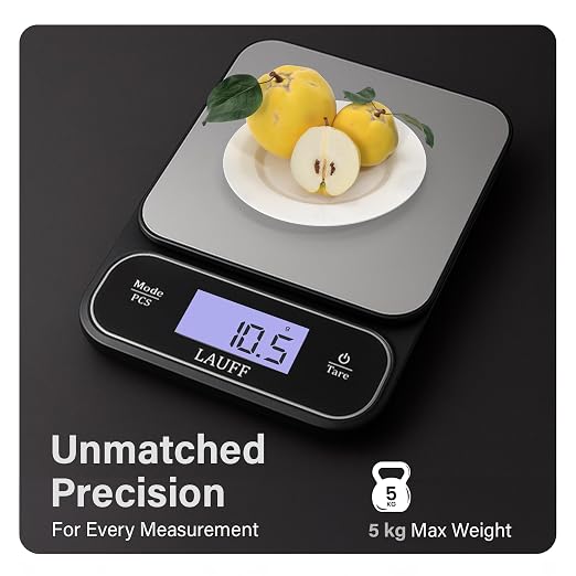 Lauff Digital Food Scale, Weighs Scale, Kitchen Scales, Food Scales messaures in Grams and Ounces with 0.01oz/1g Precise, Waterproof Kitchen Scale for Baking & Meal Prep with LCD Display (0.1g/5KG)