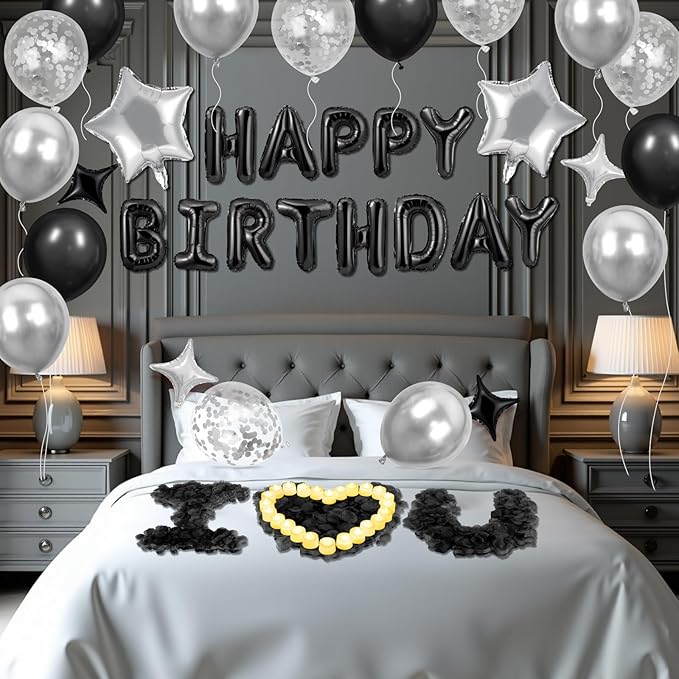 Black Happy Birthday Balloons Decorations Silver and Black Birthday Balloon Letters Banner with 6 Pcs Star Balloons 1000 Artificial Rose Petals 24 Flameless LED Candles for Room Birthday Party Decor