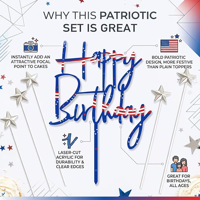 Happy 18th Birthday Cake Toppers, Patriotic Themed Acrylic Cake Decorations with 5pcs Star for Boys Girls Men Women Birthday Anniversary Party Decor Supplies