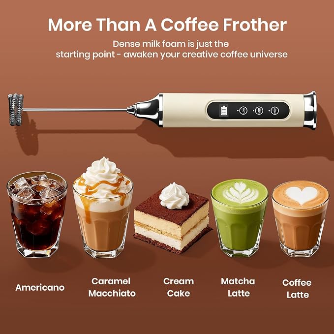 YUSWKO Milk Frother Wand for Coffee with Stand, Coffee Frother Handheld | Rechargeable Drink Mixer Wand, Waterproof Electric Whisk for Protein Powder, Lattes, 3 Variable Speeds 3 Whisks, Beige