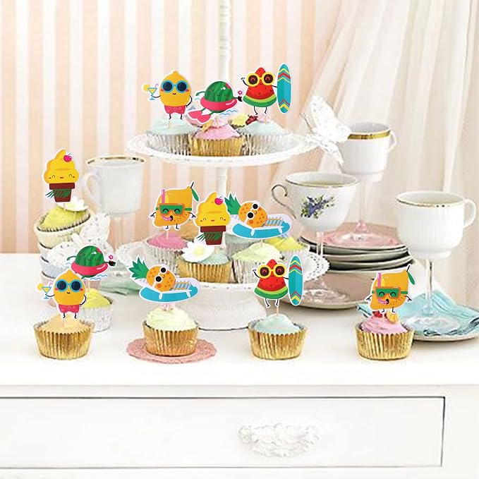 36 PCS Tropical Beach Luau Cupcake Toppers Fruit Watermelon Pineapple Ice Cream Lemon Cupcake Picks for Summer Hawaiian Luau Tropical Aloha Beach Theme Birthday Party Cake Decorations Supplies