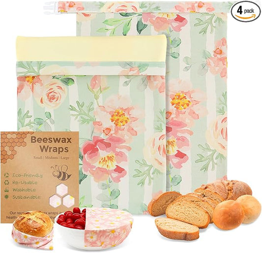 2 Pack Reusable Beeswax Bread Bags with 2 Wraps, 100% Premium Cotton Bread Storage for Homemade Bread, Keeps Sourdough & Baguettes Fresher, Easy Clean Kitchen & Travel Use