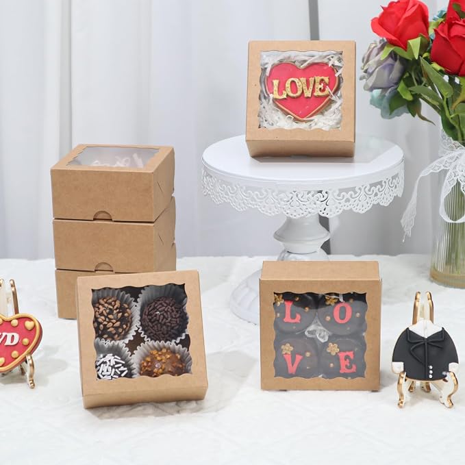 50-Count 4x4x2 inches Food-Safe Brown Bakery Boxes - Multi-Use Pastry & Treat Packaging for Cookies, Truffles & Wedding Favors (Small Gift Boxes for Cakes, Pies & Cinnamon Rolls)