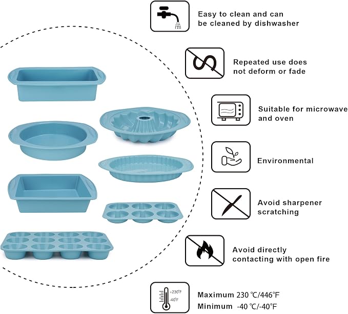Nonstick Silicone Baking Mat Set, 9-in-1 Heat Resistant Cookie Sheet & Cake Pan Molds for Muffin, Loaf, Pizza, Cheesecake, Cupcake, Pie - Oven Bakeware Tools Kit