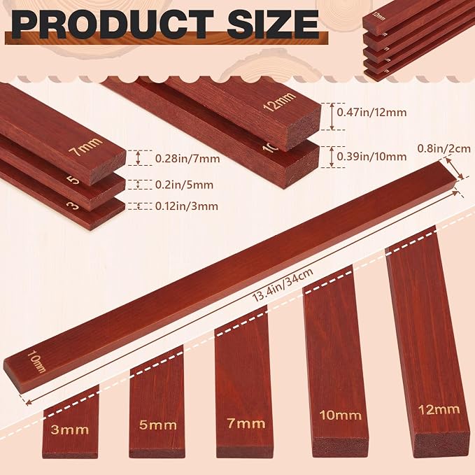Sasylvia 10 Pcs Clay Pottery Rolling Pin Guides Wood Teaching Rolling Mud Stick Guide Set Polymer Clay Depth Thickness Guide Pottery Mudboard Tools (5 Size,Reddish Brown)