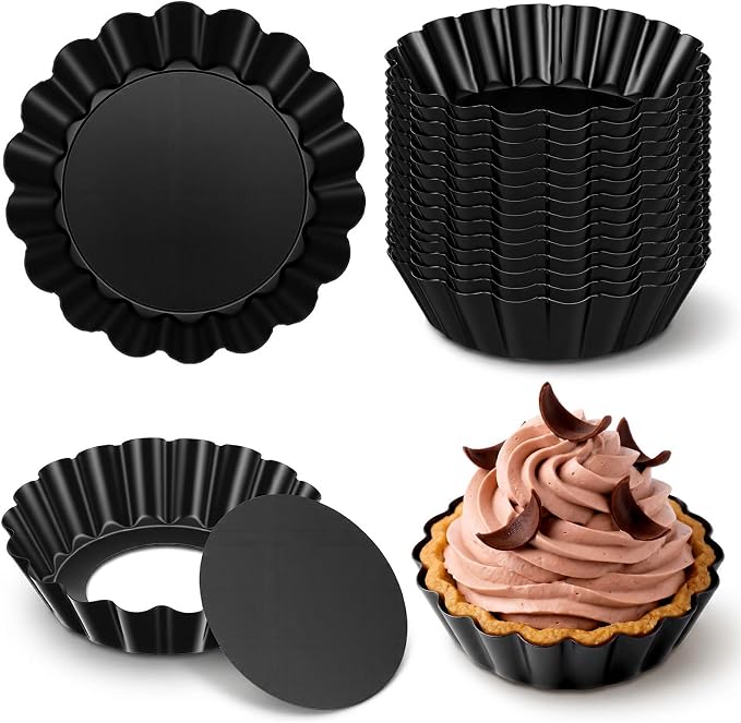 20Pcs 3 Inch Mini Tart Pan, Black Carbon Steel Egg Tart Molds with Removable Bottom Round Non-stick Deep Quiche Pan, Heavy Duty Fluted Side for Pies, Egg Tarts Mold for Baking, Mousse Cakes