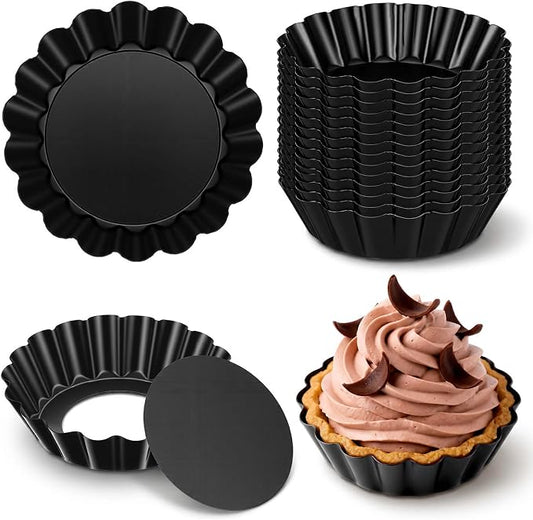 20Pcs 3 Inch Mini Tart Pan, Black Carbon Steel Egg Tart Molds with Removable Bottom Round Non-stick Deep Quiche Pan, Heavy Duty Fluted Side for Pies, Egg Tarts Mold for Baking, Mousse Cakes