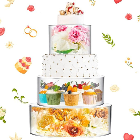 Sintuff 3 Pcs Acrylic Cake Stand with LED Lights 10'', 12'', 14'' Clear Fillable Cake Riser Round 3 Tier Case Box for Wedding Birthday Holiday Party Food Display, 3 Sizes