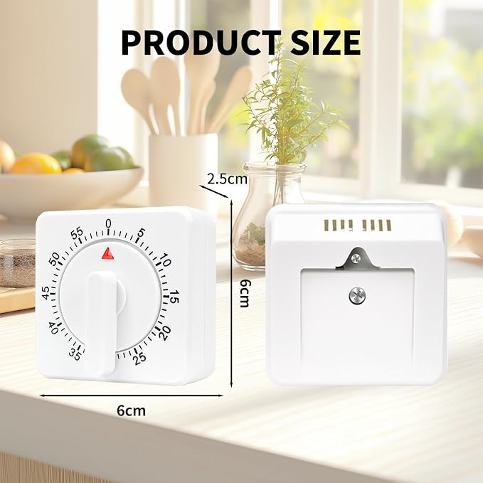 2 Pcs Kitchen Timer with Alarm : Square 60 Minute Mechanical Visual Cooking, Time Management Tools Hour Manual Countdown Timer for Baking, Homework, Exercise Auto Off No Batteries Required White