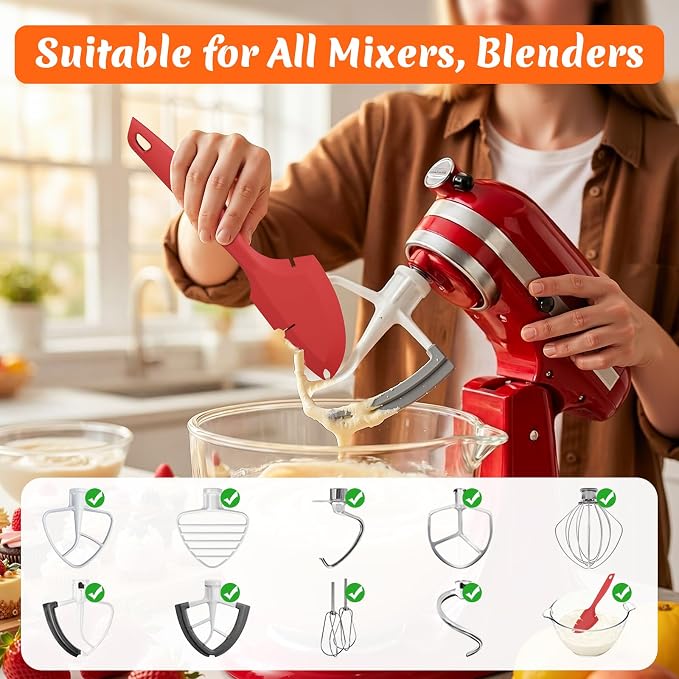 Silicone Bowl Scraper Spatula for KitchenAid Mixers, Heat Resistant Beater Blade Cleaner for Paddle Attachments, Dough Hooks & Mixing Bowls(Cherry Red)