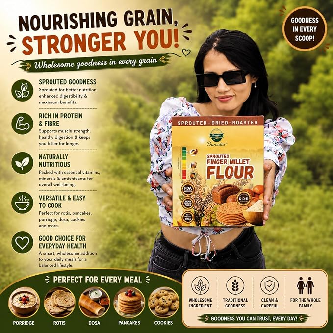 Danodia Foods Organic Finger Millet Flour 2lbs | Gluten Free, Low GI, Sprouted, Roasted & Ground Millet Flour for Flatbread, Pancakes & Baking, Cookies, Pizza Base